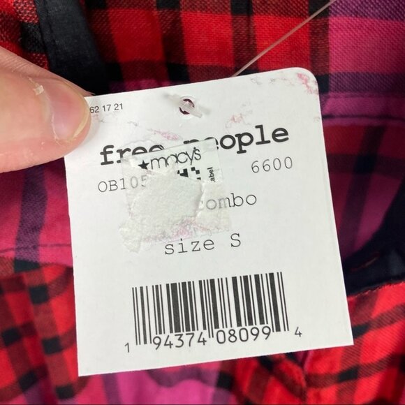 NWT Free People Pacific Dawn Plaid Shirt Drawstring Size Small Pink Red Bohemian - Picture 7 of 13